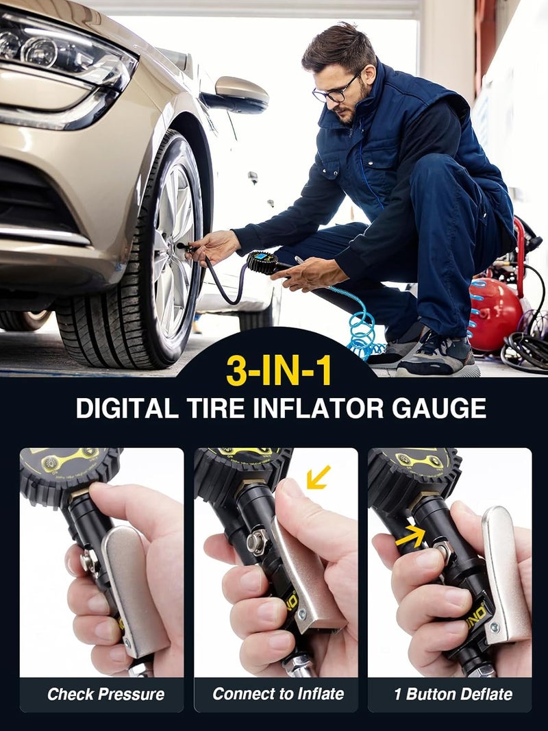 AZUNO Digital Tire Inflator with Pressure Gauge, 200 PSI, Heavy Duty Air Compressor Accessories, with Rubber Hose Lock on Air Chuck and Quick Connect Coupler, Comes with a Portable Carrying Box - Image 4